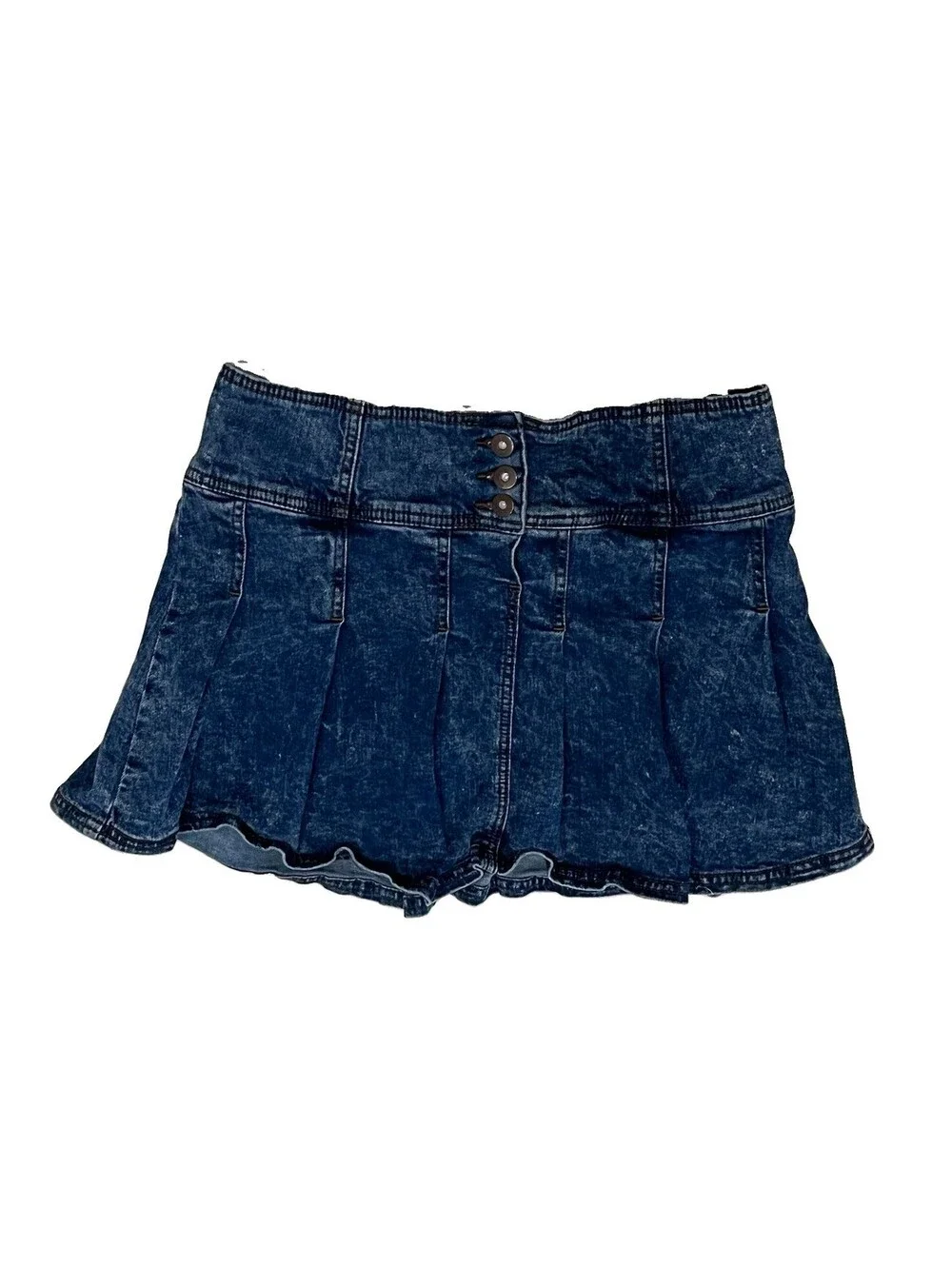 Vintage Y2K Denim Pleated Mini Skirt Size L Acid Wash Low Rise Micro Preppy